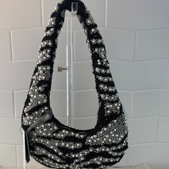 Viral Zebra Hobo Bag - Made in India - Black, White, Silver and Pearls - Picture 1 of 10